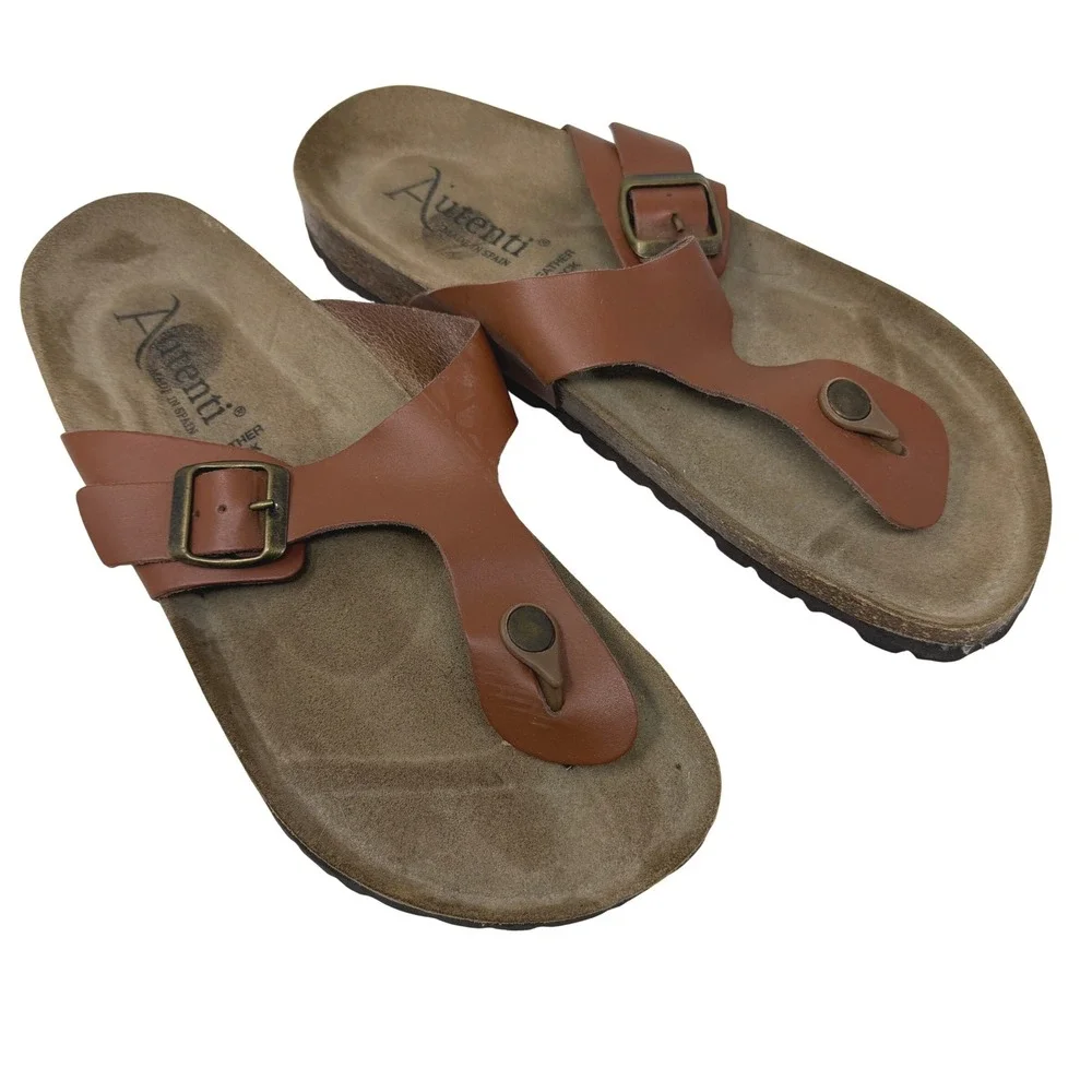 Autenti Sandals Mens 42 Brown Excellent Cork Footbed Thong Buckle Slides Spain